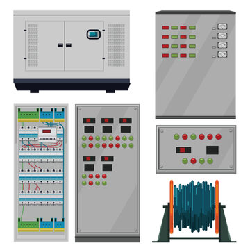 Vector set of industrial electrical equipment. Flat design power generator, control panels, open fuse box with wiring, and cable reel. Technical assets for power plant and data center infographics.