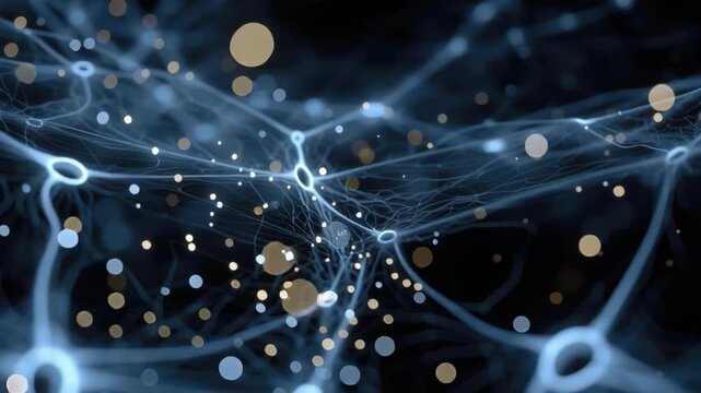 Abstract visualization of interconnected neural network with glowing synapses and flowing blue fibers on dark background.