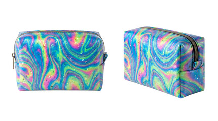 Naklejka premium Vibrant marbled makeup bag crafted from recycled plastic on white background, showcasing sustainable fashion and eco-friendly lifestyle for consumer product advertising.
