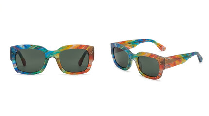Naklejka premium Sustainable sunglasses made from colorful recycled plastic, stylish eco-friendly eyewear isolated on white background, ideal for green fashion branding and retail product catalogs.