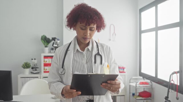 Woman doctor with stethoscope reviews patient clipboard and writes notes in clinic building lit by large window; focused compassion.