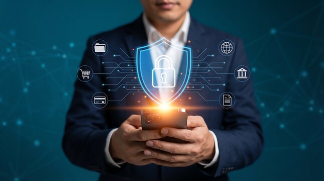 Business professional holding smartphone with digital shield icon for cybersecurity protection and secure data privacy concept in modern office environment with glowing network lines background