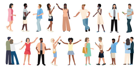Naklejka premium A set of strolling people of different genders and races, in various poses. Men and women walk, gesture, and have fun. Hand-drawn vector set on a white background.