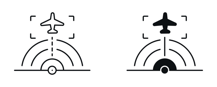 Airplane landing icon set, aviation arrival and runway concept in line and flat style. vector illustration.