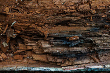 Fototapeta premium Close up of heavily decomposed wood layers in fallen tree trunk, detailed texture of rot and decay