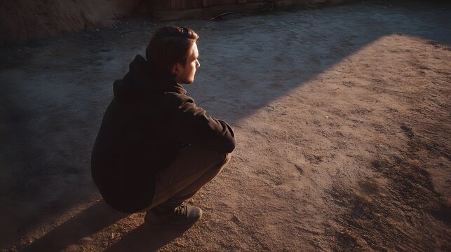 A man crouches on dusty ground in dramatic side lighting casting long shadows that emphasize a moment of quiet contemplation