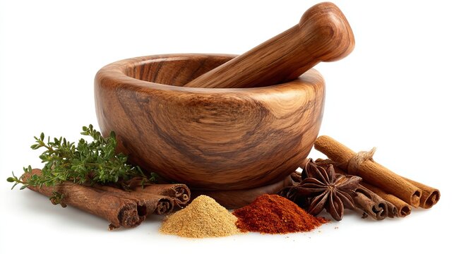 A wooden mortar and pestle stands elegantly beside fresh thyme, dried cinnamon sticks, and colorful ground spices.