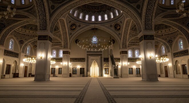 Grand mosque interior with intricate architecture and chandeliers.