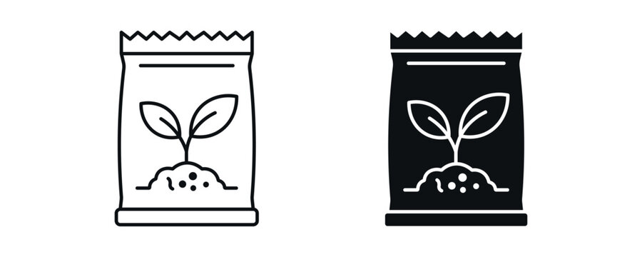 Fertilizer bag icon set, plant growth and agriculture nutrient concept in line and flat style. vector illustration.