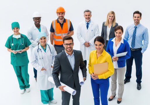 Diverse group of professionals stand together representing various career paths against a white background.
