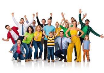 Obraz premium Happy diverse group of people of various ages celebrating with arms raised.