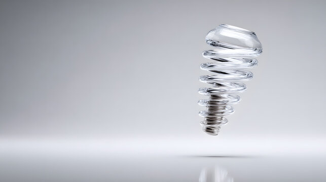 A transparent dental implant model with a spiraling screw on a white background.