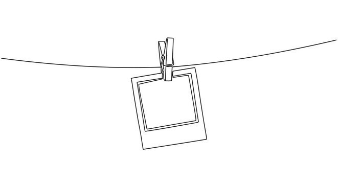 A continuous line drawing of a blank instant photo frame hanging on a clothesline.