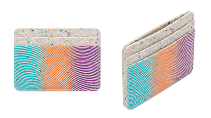 Naklejka premium Eco-friendly slim wallet card holder made from recycled plastic with colorful wave design, studio lighting, isolated on white background for sustainable retail branding and commercial use.