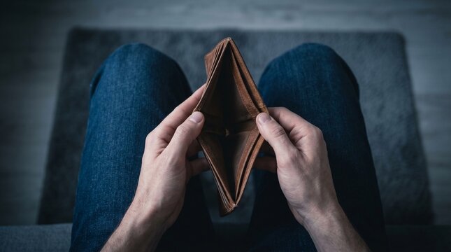 POV of hands holding an empty brown leather wallet