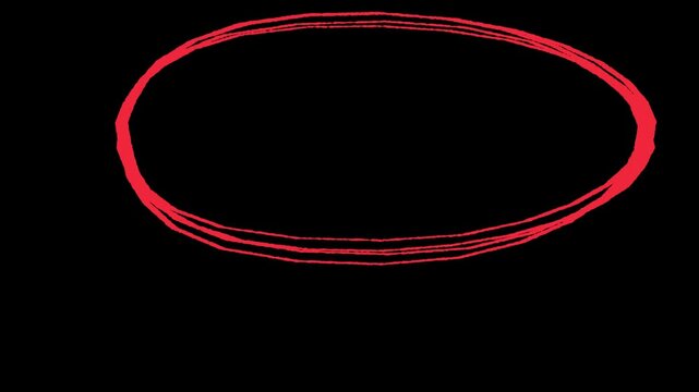 Hand-drawn red  oval frame circle animation with rough sketch lines forming dynamic looping highlight on dark background. 4k video animation.
