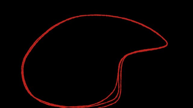 Hand-drawn red  oval frame circle animation with rough sketch lines forming dynamic looping highlight on dark background. 4k video animation.