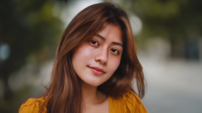 A gentle portrait of a young woman with long brown hair set against a soft blurred natural outdoor backdrop