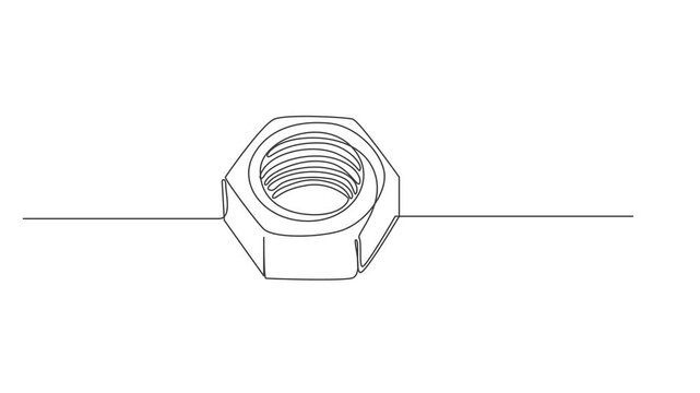Hex Nuts continuous one line drawing animation,Animated self drawing of Abstract threaded nut on white background, one line art hand drawing sketch logo,animation, video,