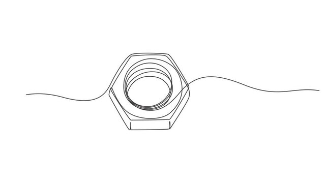 Hex Nuts continuous one line drawing animation,Animated self drawing of Abstract threaded nut on white background, one line art hand drawing sketch logo,animation, video,