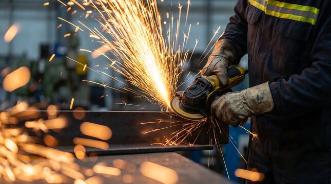Industrial metal fabrication worker using angle grinder to cut steel beam creating bright orange sparks in workshop environment with focus on heavy machinery and manual labor expertise