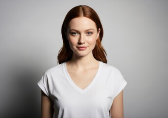 Fototapeta premium Young woman with ginger hair poses against a plain gray background.