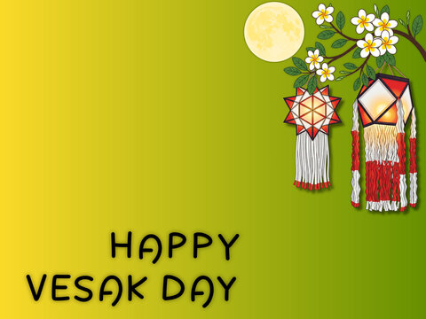 Happy Vesak Day Greeting Card Design with Traditional Lanterns Full Moon and White Flowers Vector Illustration
