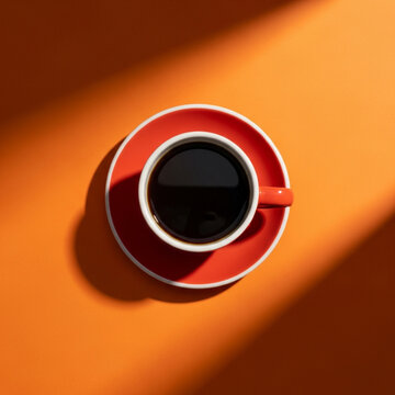 Coffee cup on orange background with hard light shadow in modern minimalist style