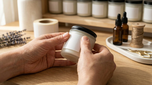 Handmade candle label mockup with hands applying sticker for small business