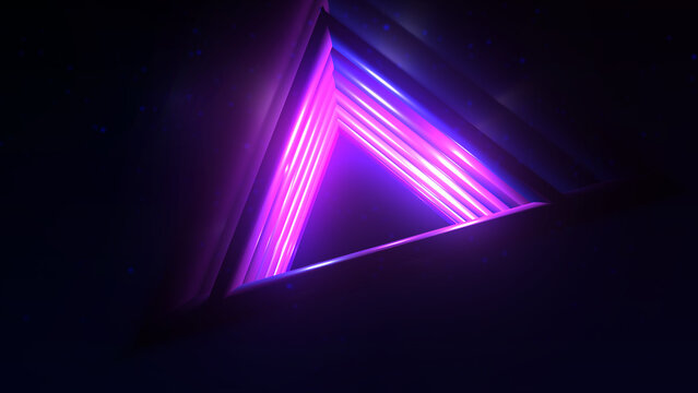 Abstract Futuristic Neon Triangle Tunnel with Glowing Purple and Blue Light Rays and Cosmic Particle Background