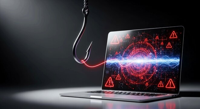 Phishing cyber attack concept with fishing hook, laptop screen displaying security warning alerts, digital data breach and internet fraud visualization