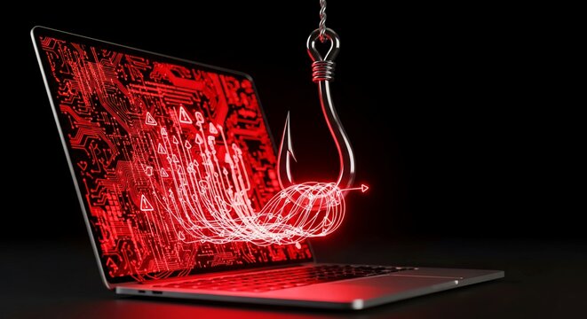 Phishing attack concept with metal fish hook stealing data from laptop, cyber security breach and digital identity theft, red glowing circuit board