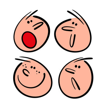 Doodle set of funny faces for avatars on websites and social networks on Internet. Vector collection of human heads with different emotions. Cute happy, offended, confused, angry, joyful person.