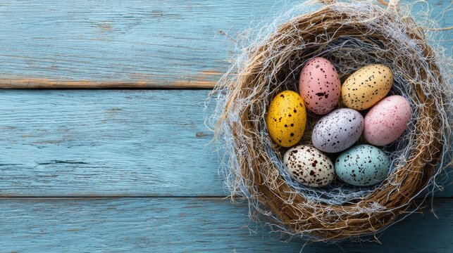 Colorful easter eggs in a nest on blue wooden surface