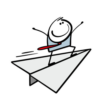 Cartoon brave businessman stands on a paper airplane and flies into the sky to new financial opportunities and success. Vector illustration of a man aiming at the sky. Doodle leader leads the team.