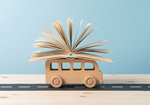Open book rests on top of a small wooden toy bus traveling along a road.