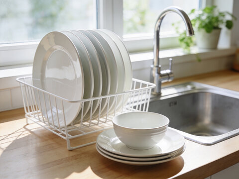 Kitchen sink with clean white dishes drying in rack on wood countertop