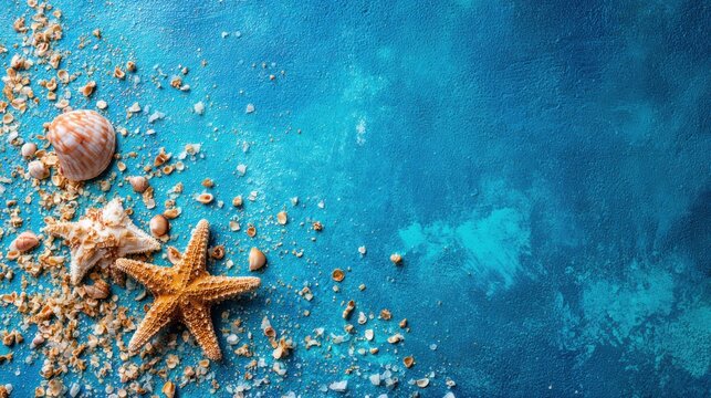 Starfish and seashell on textured blue background coastal beach theme