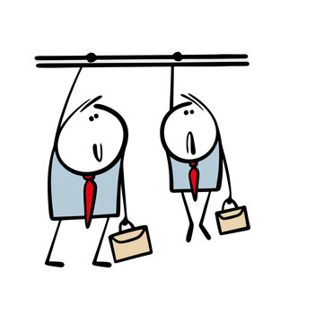 Two colleagues from the office are traveling to work by public transport. Vector illustration of a short man holding onto the handrails above his head and hanging, suffering from short stature.