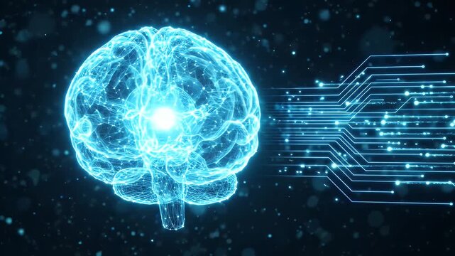 Glowing blue digital brain with circuit board connections on dark background with bokeh lights