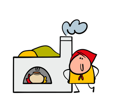 Russian oven in cartoon village house. Vector illustration of  woman in headscarf cooking food in oven, smoke coming, porridge cooking in  cast-iron pot. Sleep warmly on the stove.