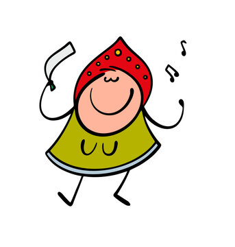 Woman in national Russian costume and kokoshnik dances traditional dance to cheerful music. Vector illustration of  funny female character in cocoanut and  colorful sundress, retro fashion in Russia.