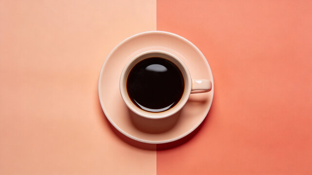 Coffee Cup Top View on Peach Terracotta Split Background Minimalist Art