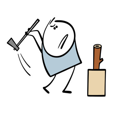 Cartoon tired man is chopping wood to make a fire in a stove or fireplace. Vector illustration of doodle character swinging a sharp axe over a log.