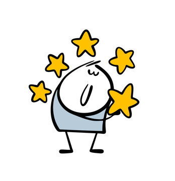 Buyer gave the highest rating out of five stars to the product. Vector illustration of a service review in a restaurant, hotel or store. Doodle cartoon character holds five stars in his hands.