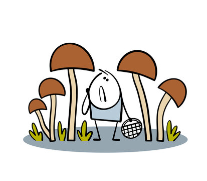 Cartoon confused mushroom picker raises head and looks at the huge mushrooms. Vector illustration of man lost in a fabulous forest. Doodle unusual natural phenomenon, mutant plants and a small basket.