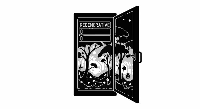 Open safe reveals a surreal landscape of trees and faces, symbolizing discovery and potential.