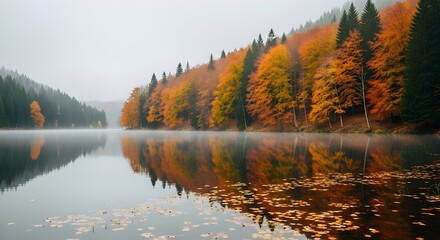 Obraz premium Scenic Autumn Landscape With Colorful Forest and Lake Reflection on a Foggy Day