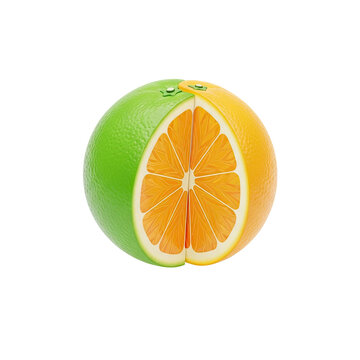 Creative concept of a hybrid citrus fruit blending lime and orange isolated on white.