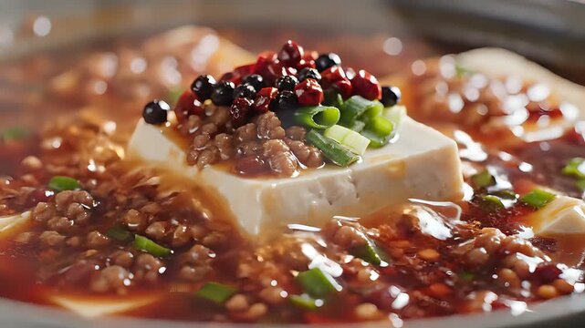 Delicious Mapo Tofu with Minced Pork and Scallions.
